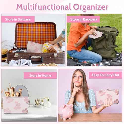 Makeup Bag Large Capacity Elegant Bow Preppy Cosmetic Bag Aesthetic Design Canvas Zipper Organizer Pouch Cute Roomy Pink Portable Toiletry Bag for Women Girls Travel Storage Accessories