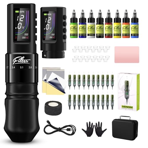 Filter Tattoo Gun Kit - Tattoo Machine Kit with 7 Strokes 2.0-4.0mm Tattoo Machine, Extra 1600mAh Battery Power Supply, 20Pcs Tattoo Needles and 8 Color Inks for Beginners and Artists (X40)