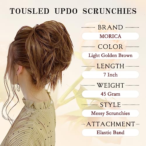MORICA Tousled Updo Messy Bun Hair Piece Hair Extension Ponytail with Elastic Rubber Band Updo Wavy Bun Extensions Synthetic Hair Extensions Scrunchies Chignons Hairpiece for Women(Light Golden Brown)