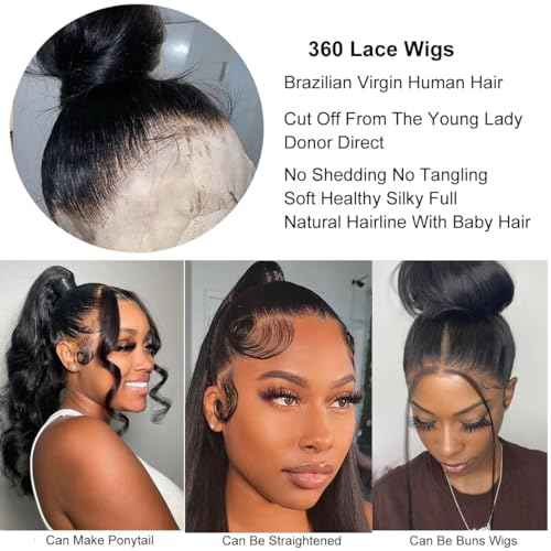 360 Lace Front Wigs Human Hair Pre Plucked Transparent Lace Frontal Wigs for Black Women 360 Hd Full Lace Human Hair Wigs 150% Density Natural Black 12 Inch