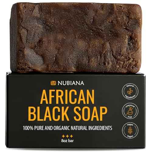 Nubiana African Black Soap Bar - 100% Pure Raw from Ghana - Natural Face & Body Cleanser with Shea Butter - Deep Cleansing for All Skin Types (8oz)