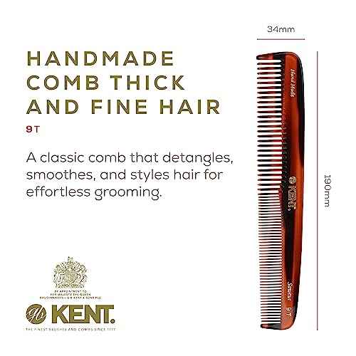 Kent 9T Tortoiseshell Fine Tooth and Wide Tooth Comb - Large Handmade and Saw-Cut Fine Hair Dressing Comb - Wet Hair Detangler Combs for Women and Durable Grooming Made in England