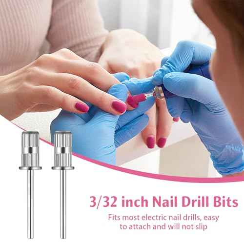 BEVTEE 200Pcs Sanding Bands for Nail Drill, 180 Grit Small Nail Sanding Bands, with 2pcs 3/32'' Nail Drill Bits, for Acrylic Nails Gel Manicures and Pedicure, Pink, Including a Dedicated Organizer