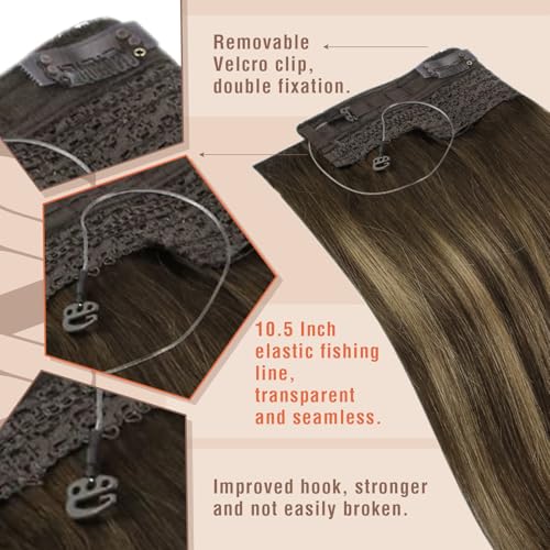 Sunny Hair Wire Hair Extensions Real Human Hair Fish Line Human Hair Extensions Invisible Wire Extensions Dark Brown to Caramel Blonde with Dark Brown Highlights #4/27/4 18 Inch