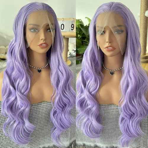 RONGDUOYI Lavender Body Wave Lace Front Wig Synthetic Hair For Women Ready To Wear Glueless Light Purple Wig Heat Resistnt Natural Hairline Long Hair Cosplay 24Inches