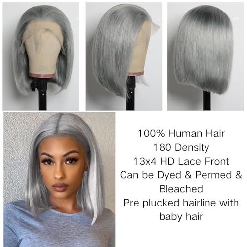 12 Inch Silver Grey Short Straight Bob Wigs Human Hair Short Straight Grey Bob Wig 13x4 HD Lace Front Bob Wigs 180% Density Pre Plucked With Baby Hair for Women
