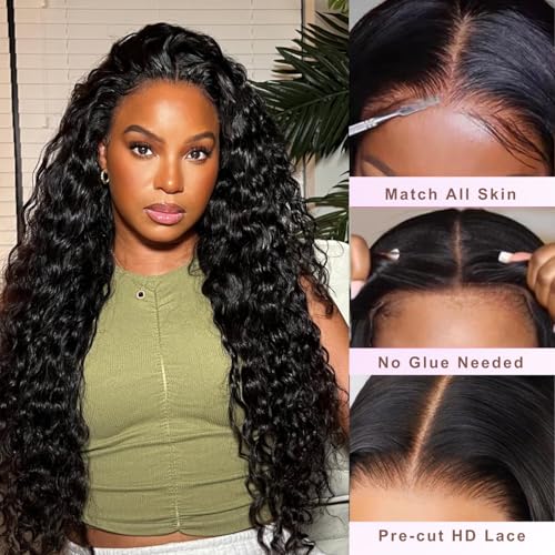 Glueless Wigs Human Hair Pre Plucked Pre Cut Deep Wave Lace Front Wigs Human Hair 5x5 HD Lace Closure Wig 180 Density Wear and Go Wig for Black Women Beginner Friendly 22 Inch