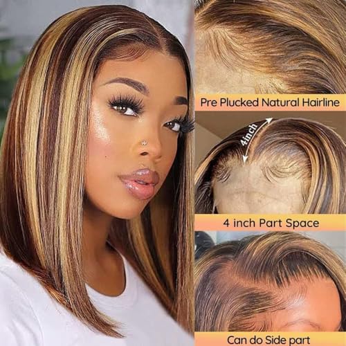 Highlight Lace Front Bob Wig Human Hair 16 Inch Ombre Honey Blonde 13x4 Hd Lace Front Wigs Human Hair Pre Plucked Middle Part 4/27 Colored Lace Frontal Wigs (Highlight 4/27, 16 Inch)