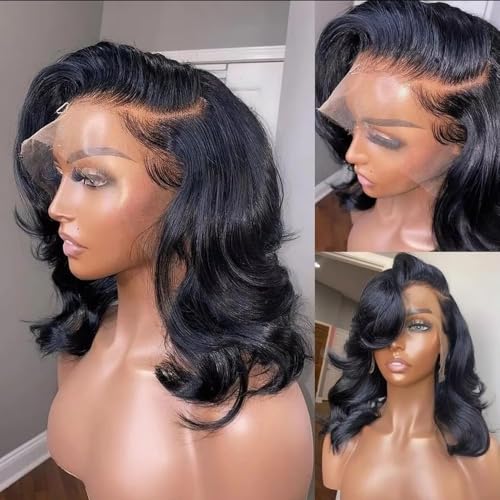 13x4 Body Wave Lace Front Wigs Human Hair 180 Density 16 Inch Lace Frontal Wigs Human Hair Pre Plucked HD Transparent Short Body Wave Wigs for Women Natural Black Color