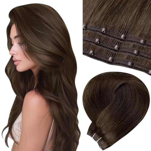 LaaVoo Beaded Weft Hair Extensions Human Hair Brown #4 Microbead Weft Hair Extensions Remy Hair Wefts Extensions Real Human Hair Dark Brown with Micro Beaded 22inch 20pcs 50g