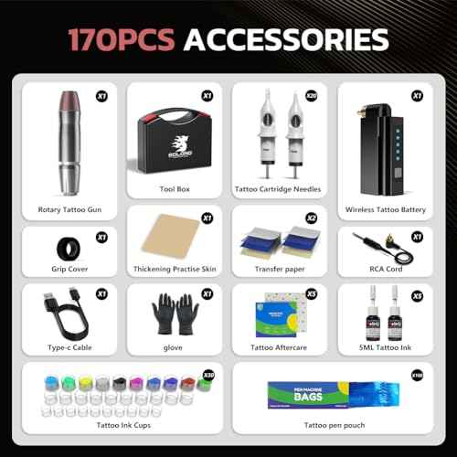 Wireless Tattoo Gun,Solong 1500mAH Wireless Tattoo Machine Kit with 20pcs Different Type Needles Cartridges Tattoo Gun Wireless for Tattoo Artist with Portable Carry Case,Tattoo Aftercare Bandage