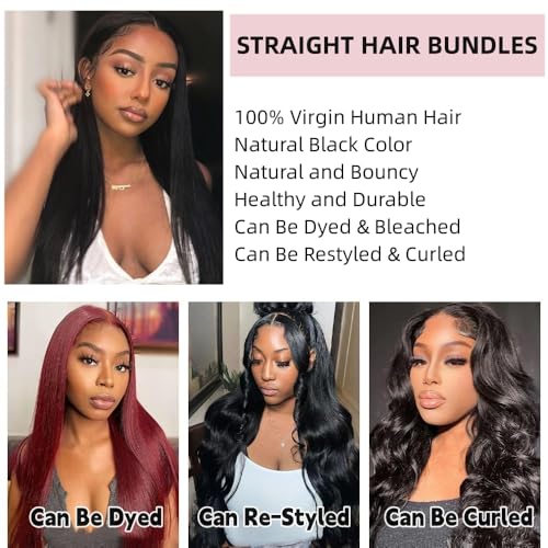 Straight Human Hair 3 Bundles Peruvian Virgin Human Hair Bundles 16 16 16 Inch 100% Unprocessed Straight Bundles Human Hair Extensions 300 Gram Double Weft Nature Black Color (3 Bundles)