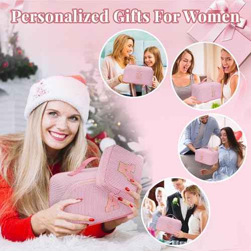 Travel Makeup Bag for Women, 2Pcs Portable Personalized Initial Makeup Organizer Bag, Open Flat Large Cosmetic Bag With Travel Essential Pouch (Pink Letter A)