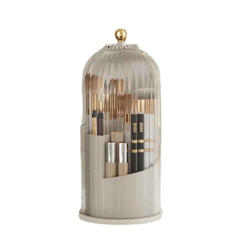Rotating Makeup Brush Holder with Clear Lid – 360° Makeup Brush Organizer for All Brush Sizes, Durable Dustproof Storage Stand with Large Capacity, Easy to Clean, No Assembly (White/Transparent)