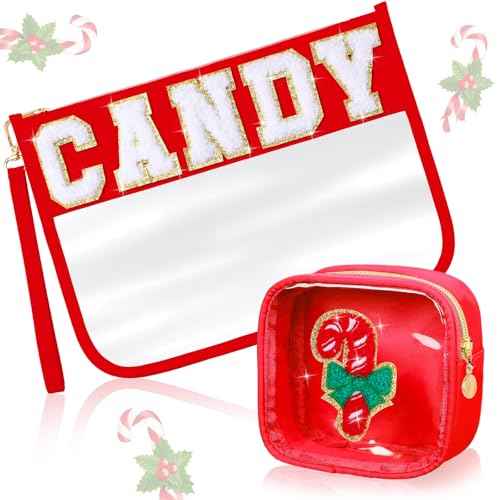 Hillban 2 Pcs Christmas Gifts Chenille Letter Bags Xmas Makeup Cosmetic Bag Clear Toiletry Zipper pouch Candy Canes purse Waterproof Travel Purse Preppy Things for Women Holiday Present