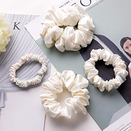 MTSNOO Silk Scrunchies for Hair, 100% Pure 22 Momme Mulberry Silk Scrunchies for Curly Hair with Elastic Band, 4 Pack, Ivory