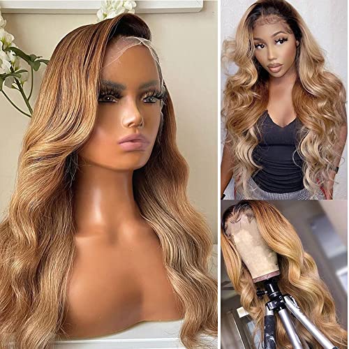 Ombr Lace Front Wigs Dark Roots to Strawberry Blonde Brazilian Natural Wavy Remy Human Hair Wigs Free Part Bleached Knots 13x4 Deep Part 2 Tones Colored Lace Wigs 22¡° 150 Density for Black Women