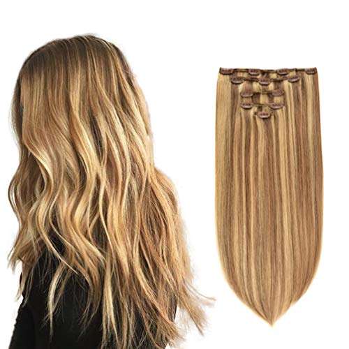 5 Pieces 18" Remy Clip in Ombre Hair Extensions Human Hair Light Blonde Mixed Golden Blond Highlights - Silky Straight Long Thick Real Hair Extensions for Women Fashion (18 inches, #16/22, 90grams)