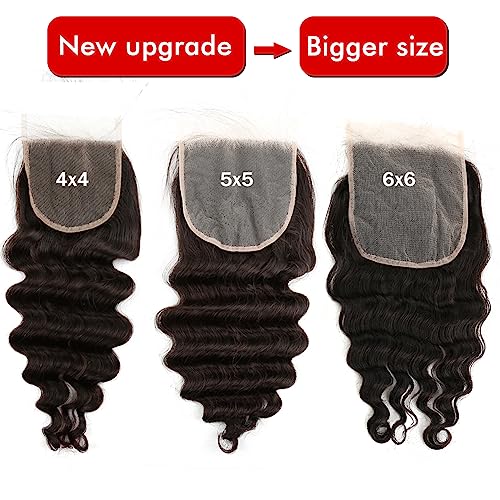 6x6 Lace Closure Loose Deep Wave Free Part Remy Virgin Human Hair Extensions Pre-plucked With Baby Hair Natural Black Color 14 inch