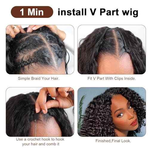 V Part Wig Human Hair curly Upgrade U Part Wig for Black Women Kinky curly Glueless Clip In Half Wig No Leave Out Wigs 180% Natural Color 18inch