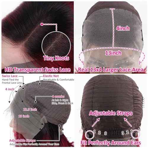 1B Burgundy Bob Wig Human Hair, 13x4 Frontal Lace Wig Short Straight Bob Wigs for Women Human Hair Pre Plucked Natural Hairline Ombre Burgundy Wig 14inch