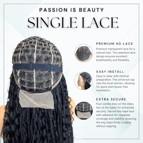 PIB 24'' Full Lace Bohemian Box Braid Wig - Knotless Braided Wigs for Black Women - Synthetic Braided Wig with Natural Baby Hair - Off Black and Burgundy #1B118