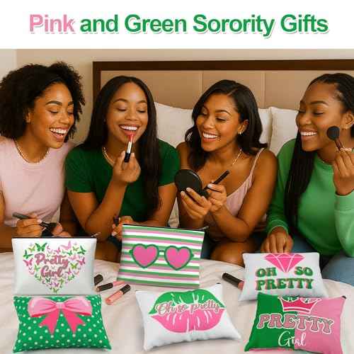 Reginary 12 Pcs Pink and Green Sister Makeup Bags Greek Sorority Cosmetic Bags Pretty Girl Zipper Pouches Black Sorority Gifts for Women Christmas Birthday