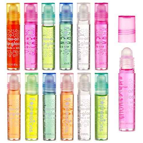 Expressions girl 12pc Roll On Lip Gloss Set with Carrying Case, Glossy Lip Make-up for Kids and Teens - Fruity Flavors, Non Toxic, Kid Friendly, Party Gift, Best Friends