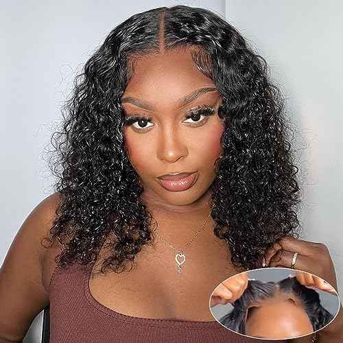 Glueless Bob Wigs Human Hair Pre Plucked Pre Cut Curly Human Hair Wigs for Black Women Deep Wave 5x5 HD Lace Closure Wigs Ready to Wear and Go Glueless Wigs 200% Density