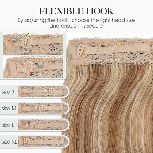 Halo Hair Extensions Real Human Hair Invisible Wire Extensions with Transparent Fish Line Wavy Curly Halo Clip in Human Hairpieces Golden Brown & Bleach Blonde 16 Inch