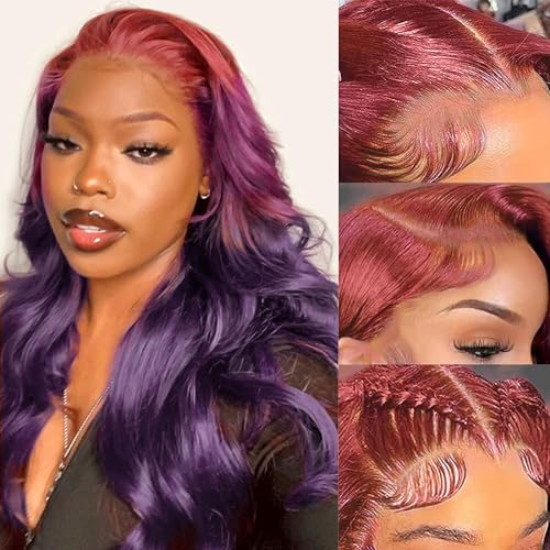 Colorful Bird Pink to Purple Lace Front Wig Human Hair Body Wave Glueless 13x4 Hd Lace Ombre Purple Lace Frontal Wig with Baby Hair Pre Plucked 180% Density 18 Inch