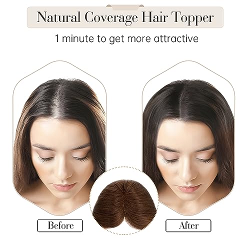 Elodia Real Human Hair Toppers for Women - No Bangs, Lace Base, Breathable Clip-in Remy Hair Topper - 10inch, Medium Brown