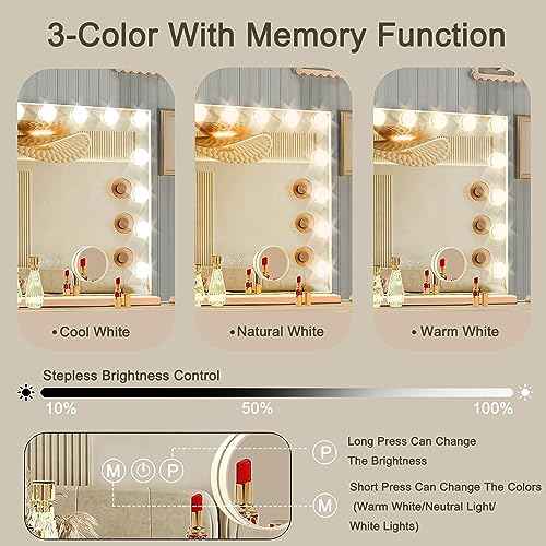 Hollywood Vanity Mirror with Lights, 15 Dimmable Bulbs, 3 Color Lights,Make Up Lighted Mirror, Aluminum Metal Frame, USB Charging Port£¨23" x 18"£©
