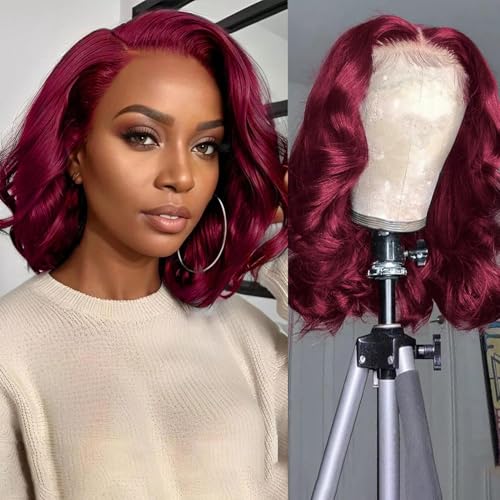 13x6 99j Burgundy Lace Front Wigs Human Hair Bob Wigs For Black Women Bob Wig Human Hair 200% Density 99j 13x6 Hd Transparent Lace Front Body Wave Wig 12 Inch
