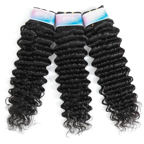 Deep Wave Bundles, Curly Bundles Human Hair, 14 16 18 Inch, Wet and Wavy, Natural Black, Soft, 285g-300g, Brazilian Hair