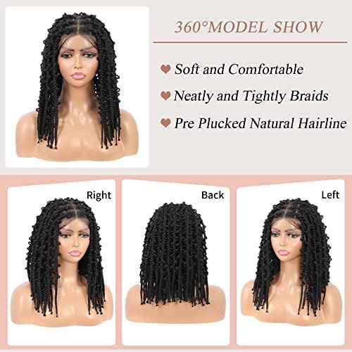 Lexqui 14" Short Knotless Braided Wigs for Women Box Braid Wig Full Double Lace Butterfly Bob Braided Lace Wigs with Baby Hair Synthetic Hair Braid Lace Front Wig Natural Black