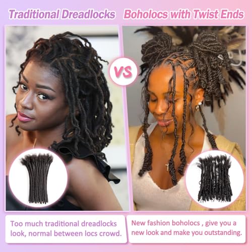 0.6 cm Human Hair Dreadlocks with Twist Ends 8 inch 30 Strands Boholocs Human Hair Handmade Dreadlock Extensions Natural Black Color Can Be Dyed Bleached Curled(1B#, 8 Inch-30 Strands)