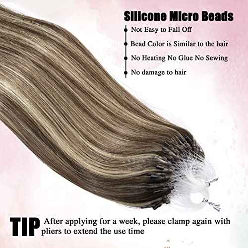 Senmy Micro Link Hair Extensions Human Hair Brown with Blonde Highlight 18inch Micro Beads Human Hair Extensions 0.5g/strand 50g/pack Micro Loop Extensions Human Hair Invisible Beaded Hair Extensions