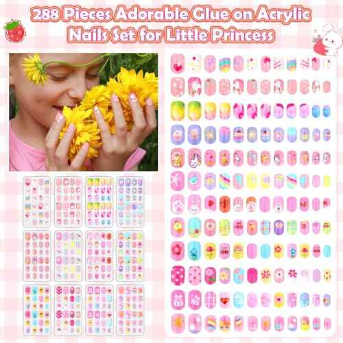 288 Pieces Kids Nails Press ons for Girls, Acejoz Fake Nail Set Pre Glue Stick on Short Nails for Children Little Girls 8-12