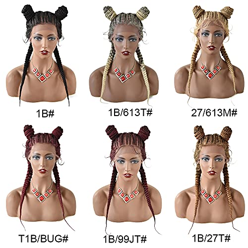 FACE MIRACLE Hand Braided 12"¡¿5" Lace Front Cornrow Wigs 2 Ponytails Soft Lace Frontal Twist Braided Wigs with Baby Hair for Black Women (24", T1B/BUG#)