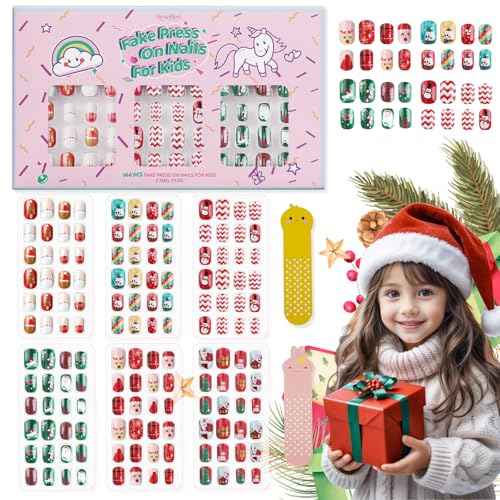 144Pcs Kids Press on Nails - Children Girls Short Artificial Fake Nails, No Fading Stable Cute Pre-Glue Full Cover Acrylic Tip Kit, Gift for Kids Decoration (Christmas Style)
