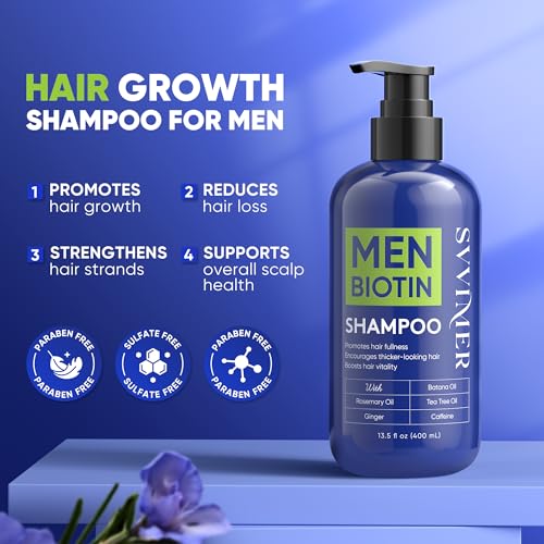 Svvimer Hair Growth Shampoo for Men - Biotin Thickening Shampoo with Rosemary Tea Tree Oil Caffeine for Hair Loss and Thinning - 13.5 Fl Oz (Pack of 1)