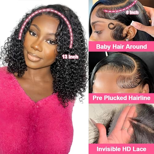 Bob Wig Human Hair 13x6 Deep Wave Hd Lace Front Wigs Human Hair 210% Density Frontal Wigs Glueless Wigs Human Hair Short Curly Bob Wigs for Women Pre Plucked With Baby Hair 12 Inch Human Hair Wig