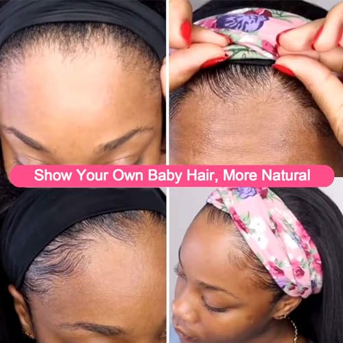 haha Water Wave Headband Wig Human Hair Curly Headband Wigs None Lace Front Wig Wet and Wavy Brazilian Virgin Human Hair Wear and Go Glueless Wig For Women Natural Black 150% Density 24 Inch