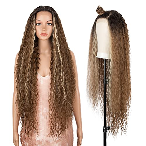 Style Icon 36" Easy-360 Lace Wigs 13x6 Free Part Lace Frontal Wigs Super Highlight Blonde Wig Long Curly Synthetic Wig (36 Inches, TTHL4/30F/613F)