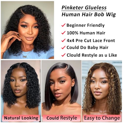 Bob Wig Human Hair Deep Wave Glueless Wigs Human Hair Pre Plucked Pre Cut 4x4 Wear and Go Wig for Black Women Beginner Friendly Natural Color (Glueless Curly Wig, 16inch)