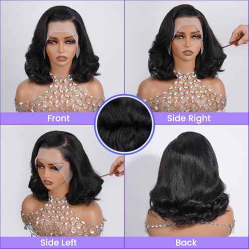 Body Wave Bob Wig Human Hair HD Lace Front Wigs 180% Pre Plucked Density Glueless Wig Natural Black Color 12 Inch for Black Women