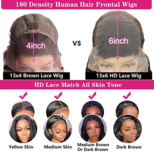 13x6 Lace Front Wigs Human Hair 180 Density HD Transparent Straight Lace Front Human Hair Wigs for Women Straight Lace Front Wigs Pre Plucked with Baby hair Natural Color (24 Inch)