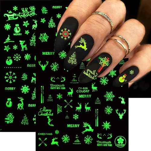 Christmas Luminous Nail Art Stickers, Fluorescent Nail Self-Adhesive Decals, Glow in The Dark Nail Art Design Snowflake Elk Christmas Nail Sticker Decoration for Women Manicure 3D Nail Decal£¨6Sheet