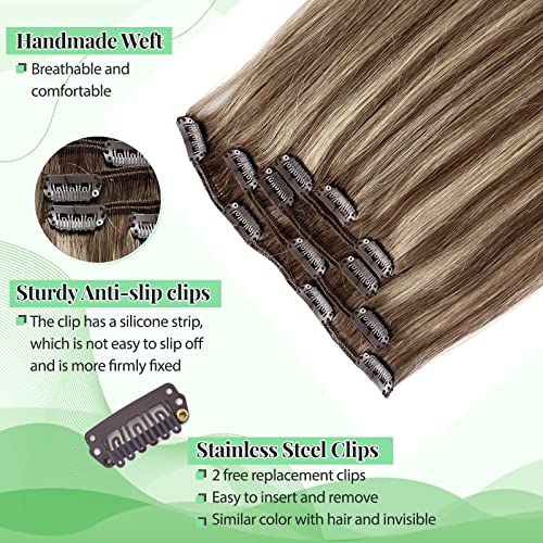 Clip in Hair Extensions Real Human Hair for Women Highlight Straight Remy Human Hair Extensions Clip ins Balayage Chestnut Brown and Beige Blonde Clip in Hair Extensions for Women 22 Inch 5pcs 70g
